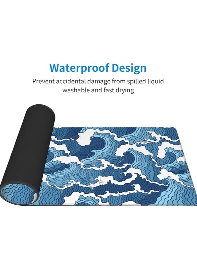 Japanese Blue and White Wave Extended Mouse Pad 31.5x11.8 Inch Wave Desk Mousepad Extended Large Non-Slip Rubber Base Waterproof Big Keyboard Mat with Stitched Edges for Gaming and Office