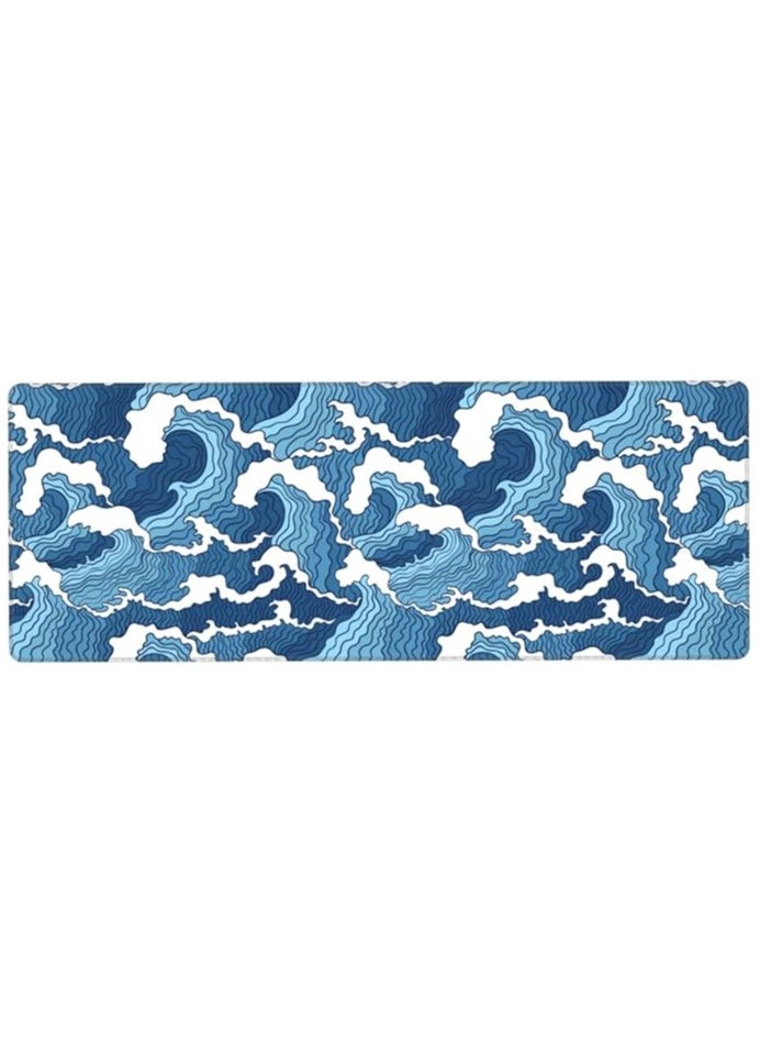 Japanese Blue and White Wave Extended Mouse Pad 31.5x11.8 Inch Wave Desk Mousepad Extended Large Non-Slip Rubber Base Waterproof Big Keyboard Mat with Stitched Edges for Gaming and Office