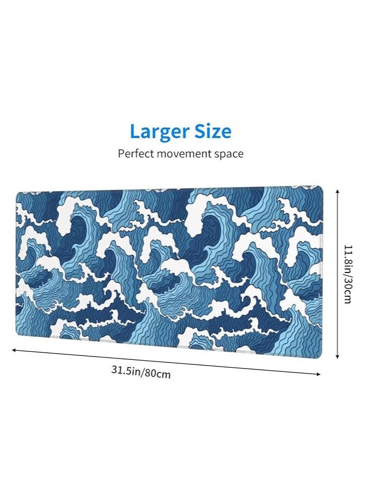 Japanese Blue and White Wave Extended Mouse Pad 31.5x11.8 Inch Wave Desk Mousepad Extended Large Non-Slip Rubber Base Waterproof Big Keyboard Mat with Stitched Edges for Gaming and Office