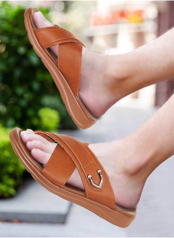 High Quality Men 40-45 Big Size Leather Sandals Brown Two Straps Slipper Shoes Pu Sole Breathable Sandals