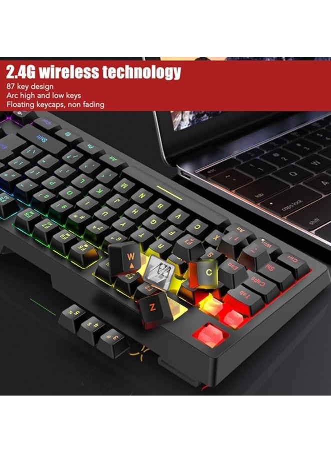 RGB Wireless Mechanical Gaming Keyboard, 87 Keys LED Backlit Computer Keyboard with Rechargeable Battery, 2.4G USB Receiver, Ergonomic Compact Keyboard for PC Gamer(Black)