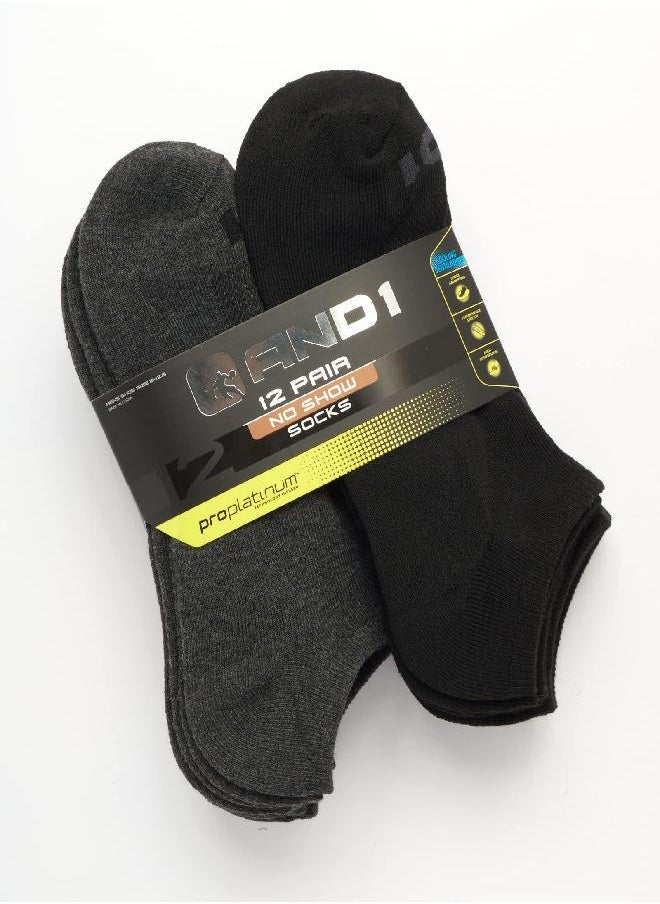 AND1 Men's Athletic Arch Compression Cushion Comfort No Show Socks (12 Pack), Size 6-12.5, Black/Grey