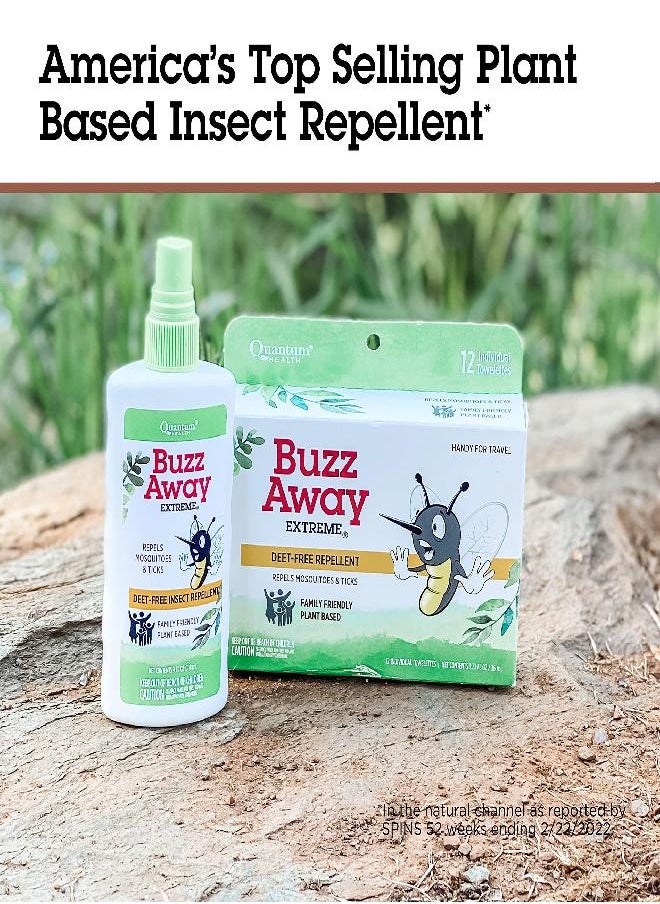 Quantum Buzz Away Extreme Towelettes - Natural DEET-free Insect Repellent Wipes, Essential Oils - Small Children and Up, Travel Friendly, 12 Count