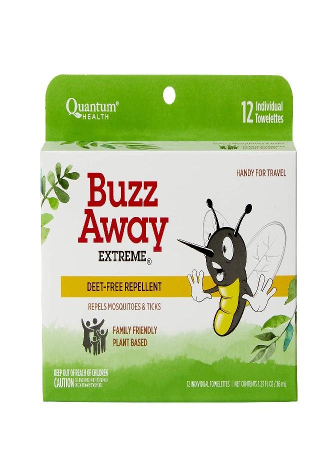 Quantum Buzz Away Extreme Towelettes - Natural DEET-free Insect Repellent Wipes, Essential Oils - Small Children and Up, Travel Friendly, 12 Count