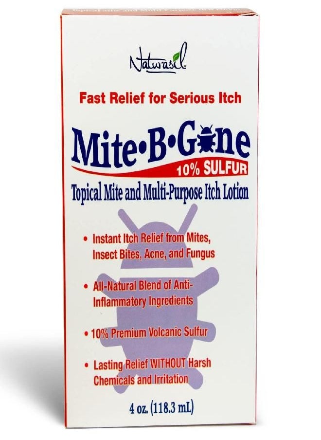 Mite-B-Gone 10% Sulfur Lotion | Itch Relief for Insect Bites, Acne, Itching, Irritation & Redness (4oz) | Fast & Effective Relief with an All-Natural Blend of Anti-Inflammatory Ingredients