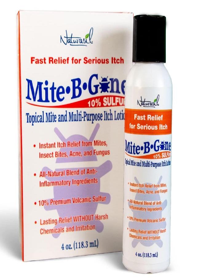 Mite-B-Gone 10% Sulfur Lotion | Itch Relief for Insect Bites, Acne, Itching, Irritation & Redness (4oz) | Fast & Effective Relief with an All-Natural Blend of Anti-Inflammatory Ingredients