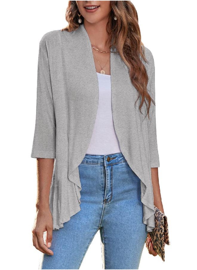 Zeagoo Women's Open Front 3/4 Sleeve Draped Ruffles Knit Cardigan,1-grey,X-Large