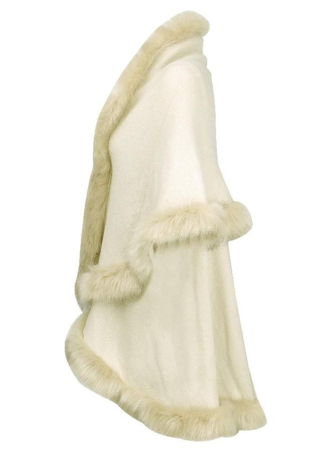 ZLYC Women Fine Knit Open Front Faux Fur Trim Layers Poncho Cape Cardigan Sweater (White)