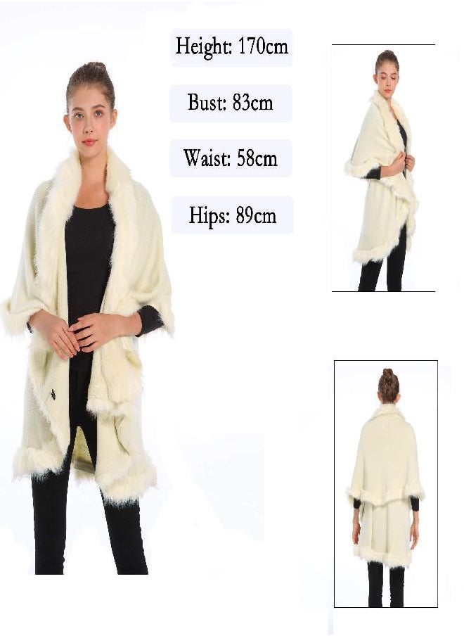 ZLYC Women Fine Knit Open Front Faux Fur Trim Layers Poncho Cape Cardigan Sweater (White)