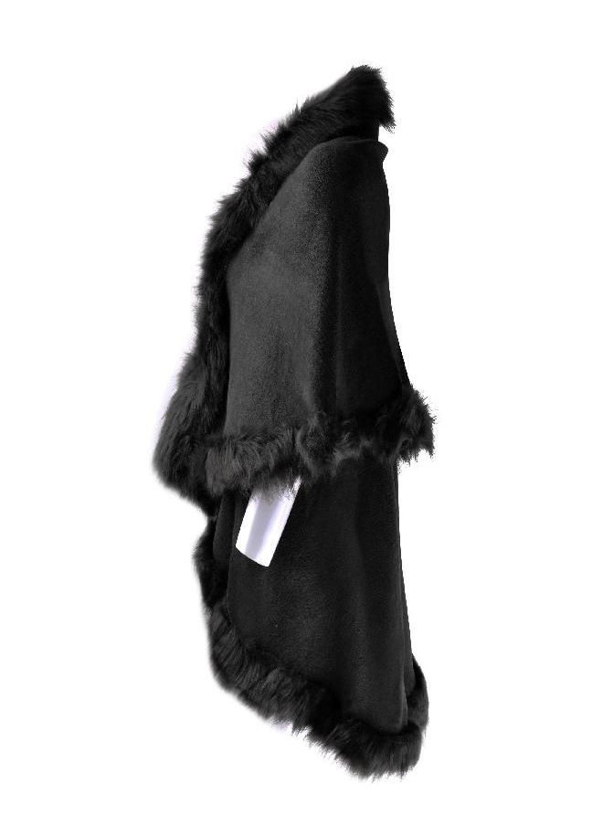 ZLYC Women Fine Knit Open Front Faux Fur Trim Layers Poncho Cape Cardigan Sweater (Black 2)