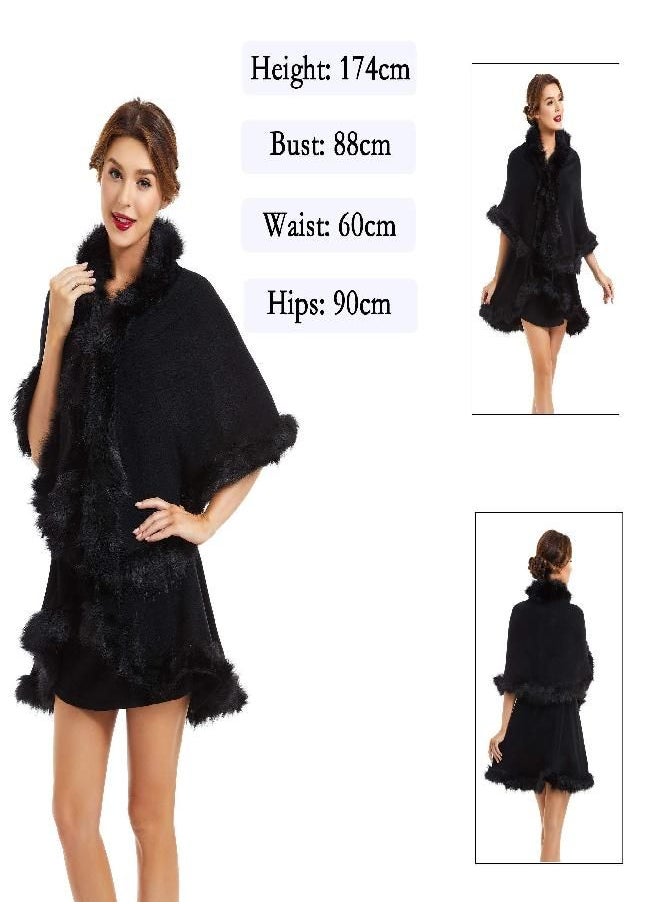 ZLYC Women Fine Knit Open Front Faux Fur Trim Layers Poncho Cape Cardigan Sweater (Black 2)