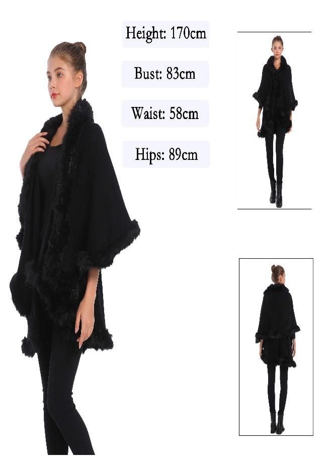 ZLYC Women Fine Knit Open Front Faux Fur Trim Layers Poncho Cape Cardigan Sweater (Black 2)