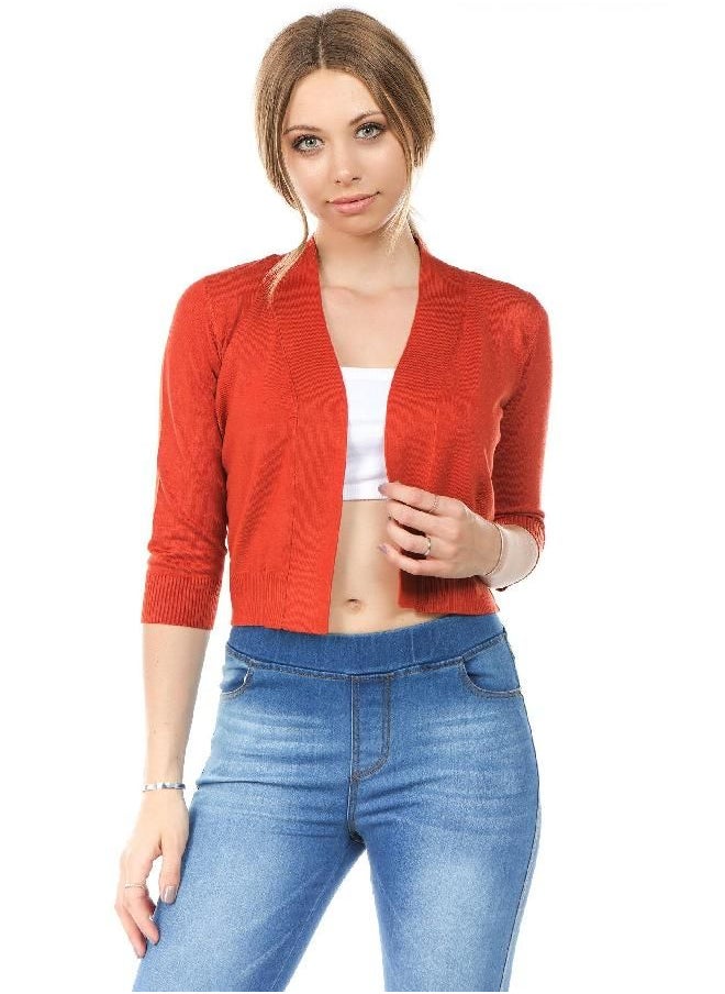 Cielo Women's Soft Solid Colored Open Front 3/4 Sleeve Cardigan Rust Large