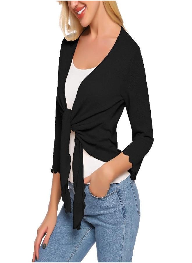 SATINIOR Womens Sheer Shrug Bolero Tie Knot Cardigan Lightweight with 3/4 Lace Sleeves (Black, XXL)