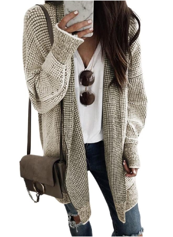 Sidefeel Sweaters for Women Long Sleeve Open Front Knit Plaid Chunky Cardigans Oversized Sweaters Coat Apricot Large