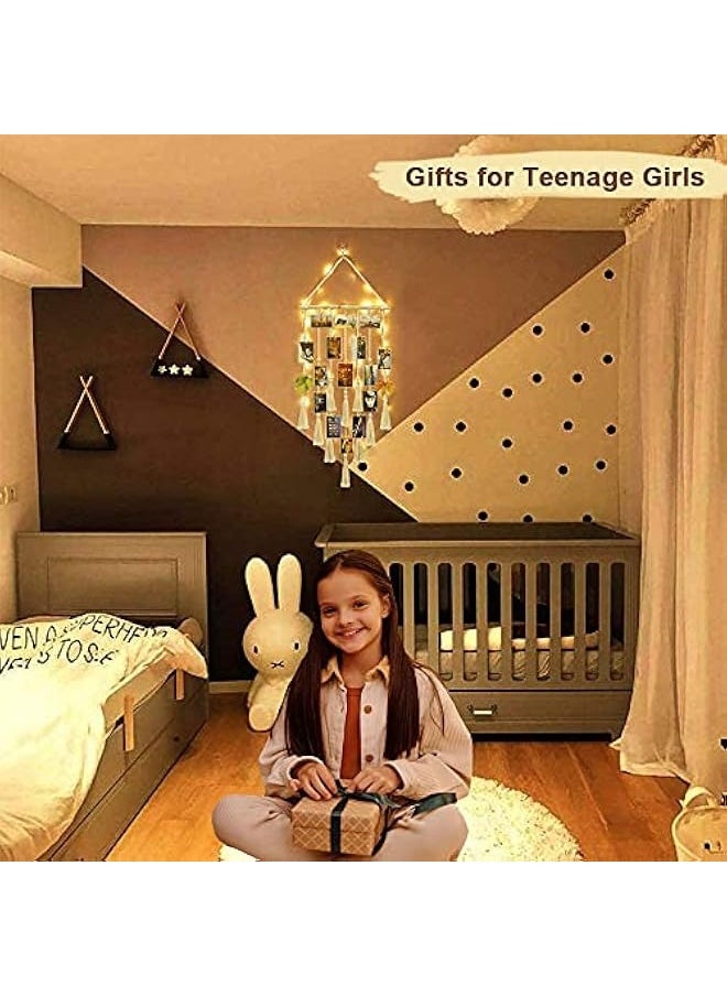 Hanging Photo Display Wall Decor, Macrame Wall Hanging Boho Room Bedroom Decor, Picture Frame Collage Board with Light 30 Clip, Christmas Teenage Teen Girl Gifts Ages 10 11 12 13 14 Years Old