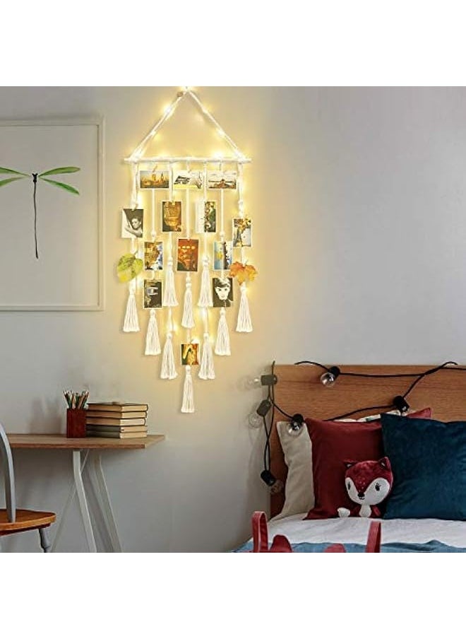 Hanging Photo Display Wall Decor, Macrame Wall Hanging Boho Room Bedroom Decor, Picture Frame Collage Board with Light 30 Clip, Christmas Teenage Teen Girl Gifts Ages 10 11 12 13 14 Years Old