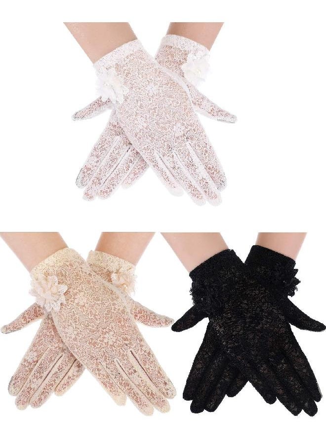 3 Pairs Women Lace Gloves Dress Gloves Floral Lace Gloves for Tea Party Wedding Dinner(Black, White, Skin Color)