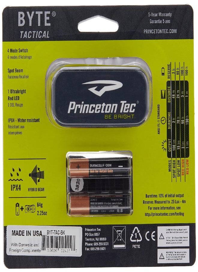 Princeton Tec Byte Multi-Mode Multi-Beam IPX4 Water Resistant LED Tactical Headlamp with 200 Lumens, Essential Outdoor Accessory for Hiking, Camping, Running, and Safety Preparedness, Black