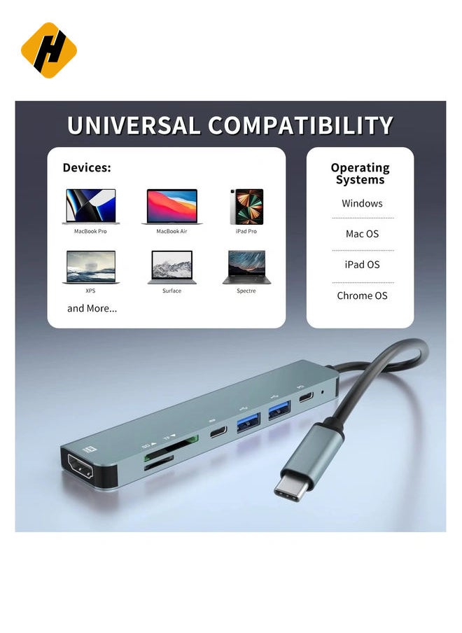 USB C Hub ,7 in 1 USB C Docking Station Type C Multiport Adapter, 4K@60HZ HDMI,USB-A, PD 100W ,USB-C,SD/TF Compatible for MacBook ,Type C Thunderbolt 3 Laptops