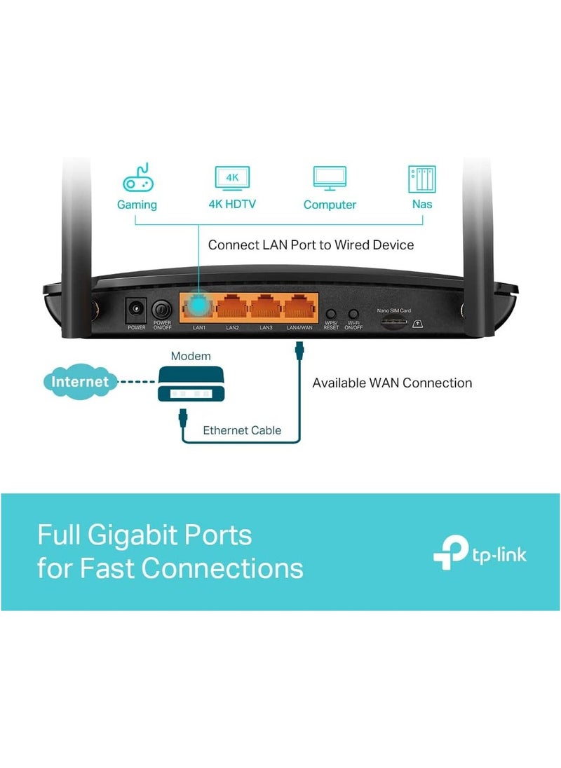 TP-Link AC1200 4G+ Cat6 Wireless Dual Band Gigabit Router, 4G Network SIM Slot Unlocked, with MU-MIMO technology, Black