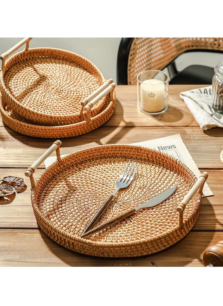 Rattan Woven Tray Rattan Basket Vegetable Fruit Storage Basket Brown Fruit Basket Bamboo Woven Basket Dim Sum Dish 22cm