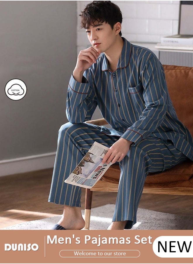 Men's Pajamas Set, Cotton Button-up Pajamas, V-Neck Long-sleeved Top with Pocket and Soft Long Pants, Comfortable Sleepwear, Casual Loungewear, Striped Homewear for Men