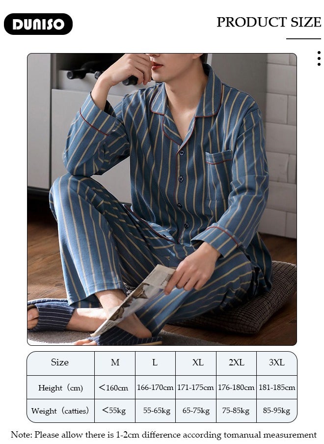 Men's Pajamas Set, Cotton Button-up Pajamas, V-Neck Long-sleeved Top with Pocket and Soft Long Pants, Comfortable Sleepwear, Casual Loungewear, Striped Homewear for Men