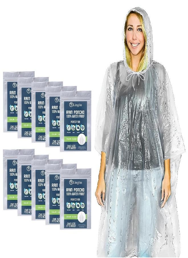 Lingito 10 Clear Emergency Rain Ponchos for Adults, Thicker, 100% Waterproof Emergency Rain Poncho- for Amusement Parks, Hikes, Camping and Concerts