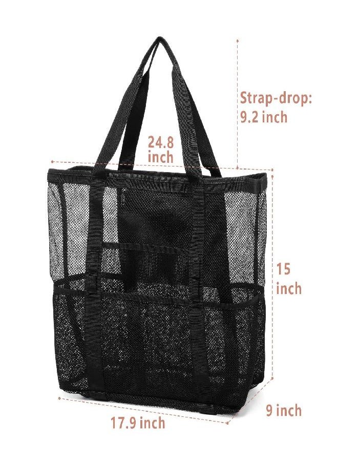 F-color Mesh Beach Bag, Oversize Beach Tote 9 Pockets Beach Toy Bag, Black