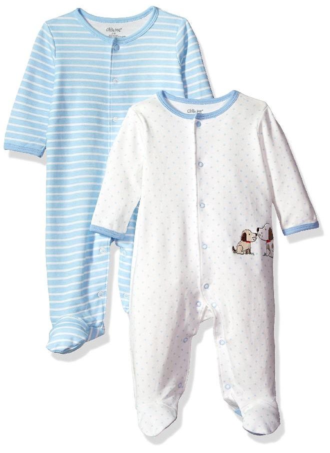 Little Me Baby Girls' 2-Pack of Scratch Free Tag 100% Cotton Footies, Light Blue Stripe, 6 Months