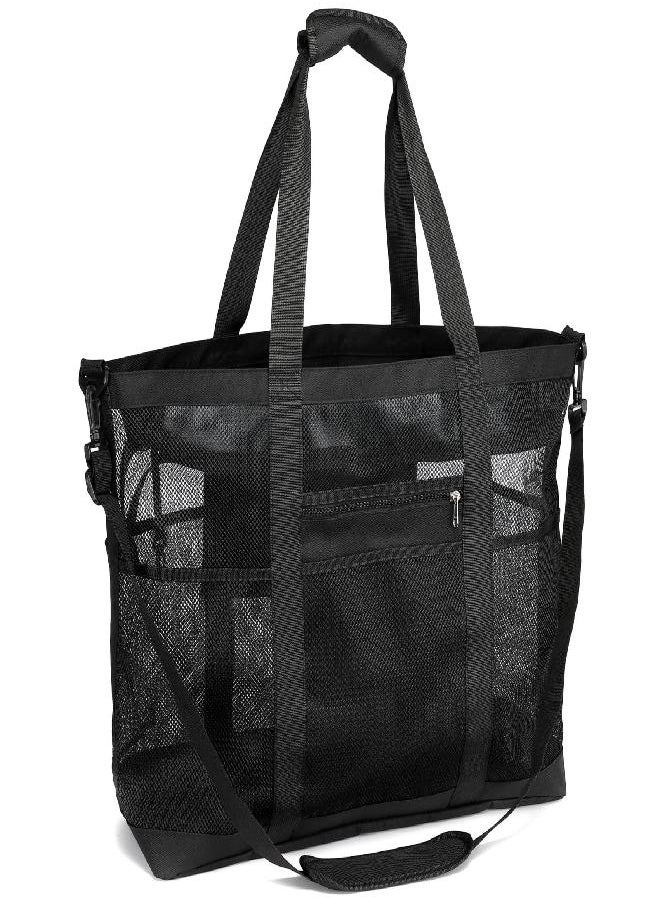 Mesh Beach Bag, F-color 9 Pockets Oversized Beach Tote Bag with Zipper Pool Toy Beach Bag, Black