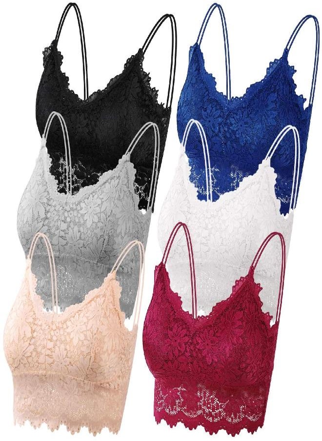 PAXCOO 6 Pcs Lace Bralette for Women, Lace Bralette Padded Lace Bandeau Bra with Straps for Women Girls (Large-X-Large, Black, Beige, White, Navy, Grey and Burgundy)