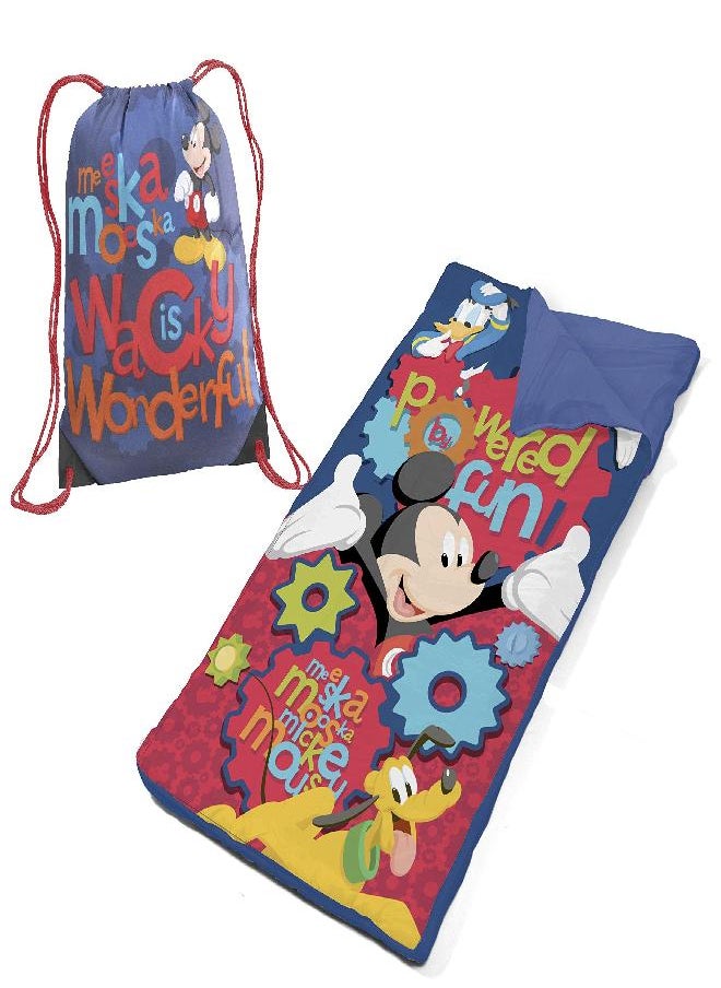 Idea Nuova Disney Mickey Mouse Drawstring Carry Bag with Nap Mat Slumber Set, Blue 26