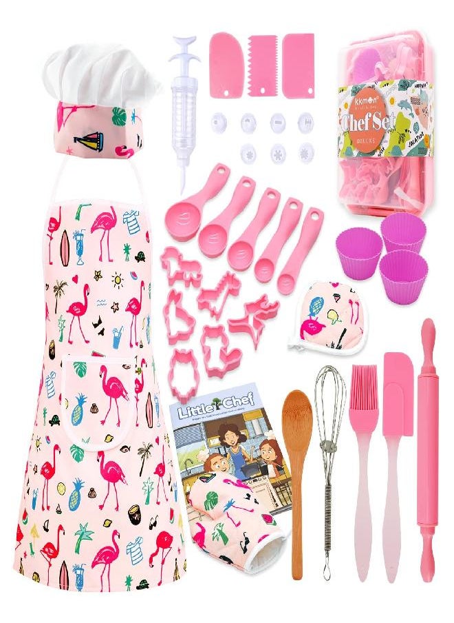 Kkmon Kids Cooking and Baking Set for Girls - 34 Pcs Chef Costume Set for Kids with Chef Hat and Apron for Girls, Real Kids Cooking Utensils Birthday Gift for 3-9 Year Old - Pink