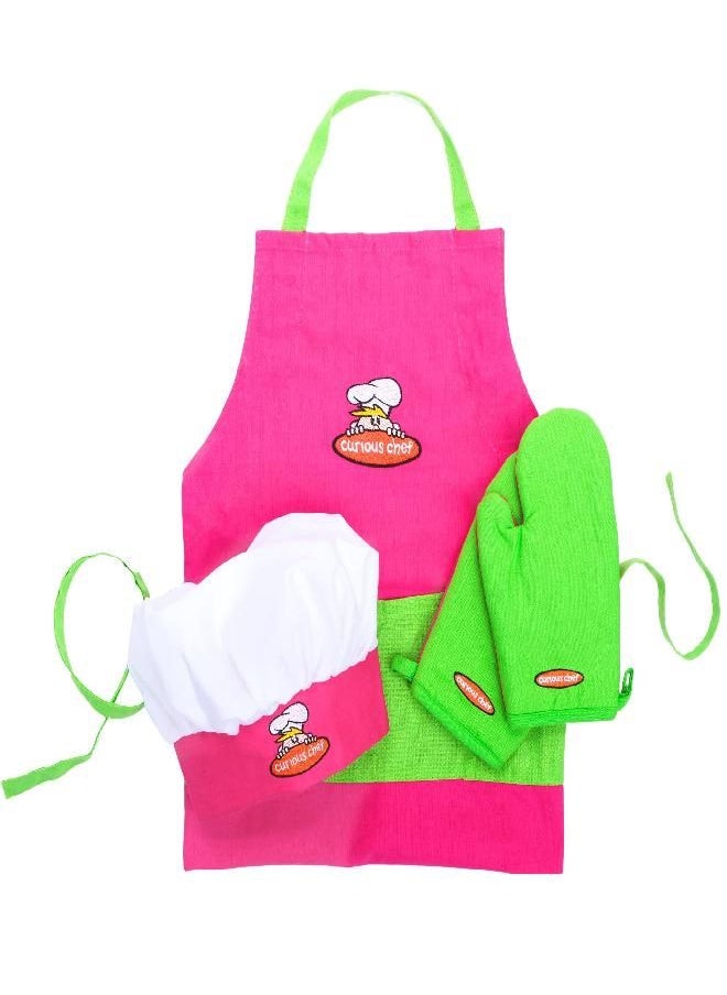 Curious Chef Child Textile Set - 4-Piece Set I Real Chef's Wear for Children I Child-Sized Apron, Oven Mitts & Hat I Machine Washable I Pink/Green