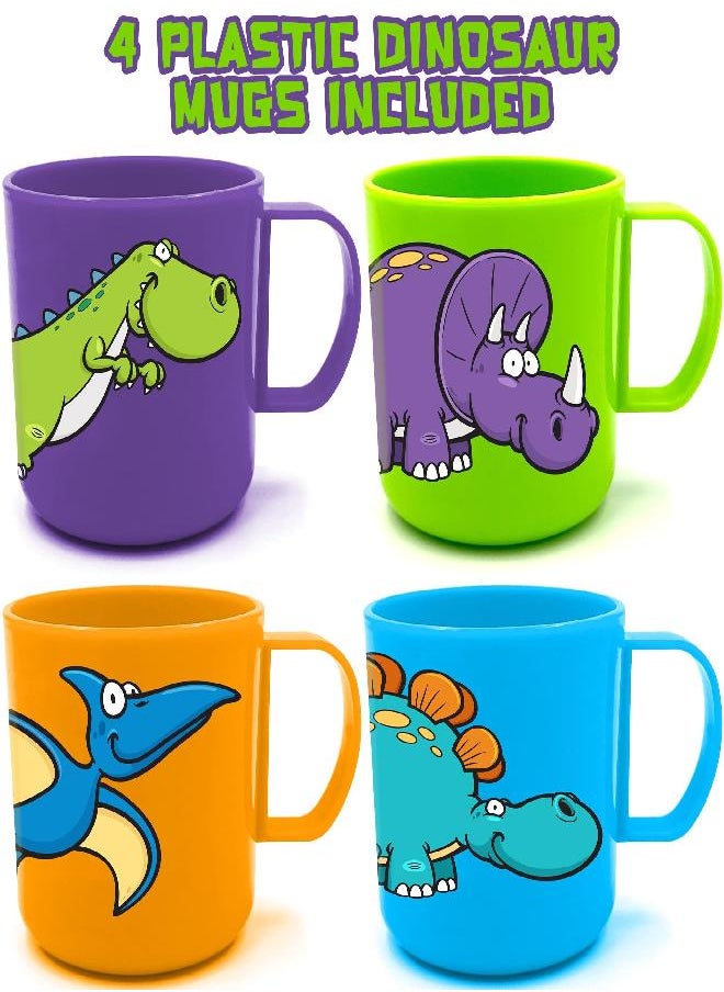 ArtCreativity Dinosaur Mugs for Kids, Set of 4, Plastic Dino Cups in Assorted Colors & Designs, Dinosaur Party Favors, Dinosaur Gifts for Boys and Girls, Unique Table Decorations for Themed Parties