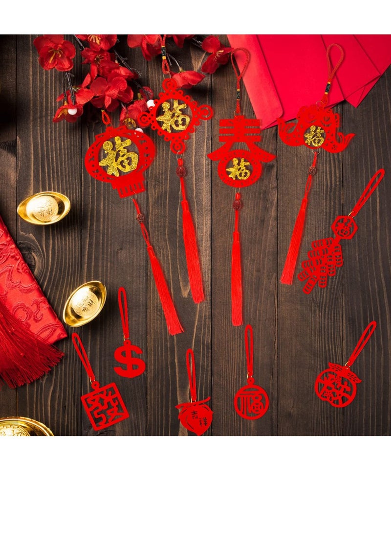 56 Pcs Chinese New Year Decorations Red Chinese Knot Hanging Ornaments Tassels Knot Decor Traditional Lucky Hanging Ornaments Lucky Fu Pendants Traditional Little Red Lantern for Home Office Car Tree