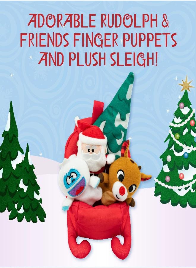 KIDS PREFERRED Christmas Rudolph The Red-Nosed Reindeer Finger Puppet Playset with Sleigh, 5 Pieces, Christmas Stuffed Animal Plush Toys, Finger Hands Party Toys (23133)