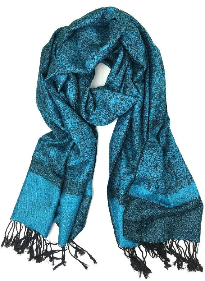 Plum Feathers Tapestry Ethnic Paisley Pattern Pashmina Scarf cyan blue