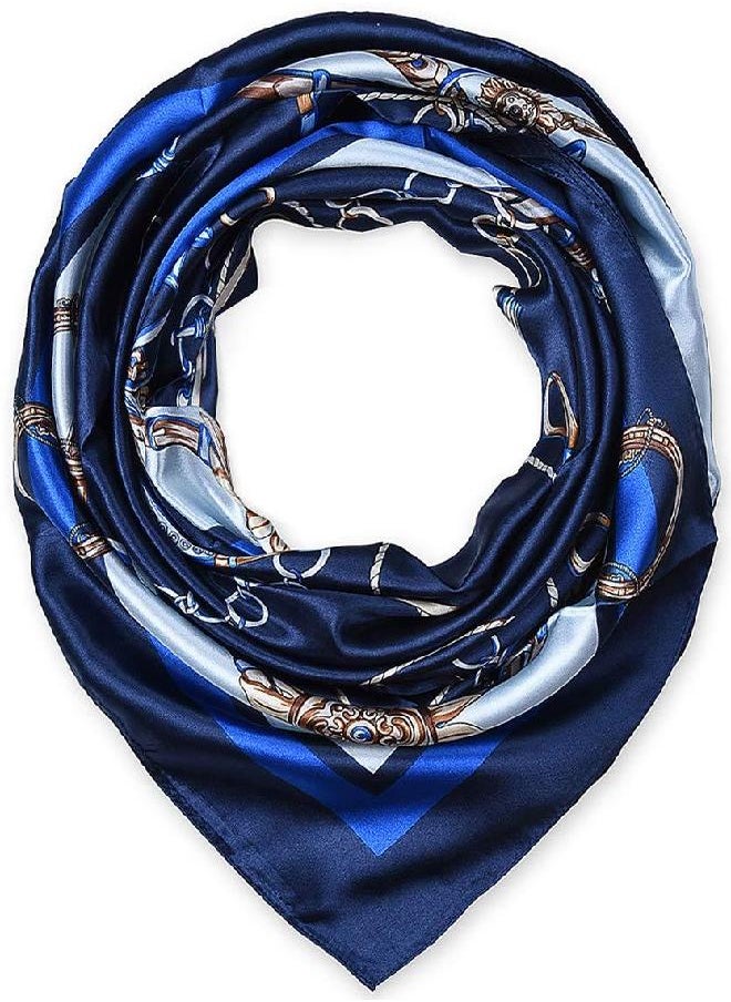 corciova 100% Polyester Silk Feeling 35 x 35 Kerchief Neck Scarf for Women Chains Navy