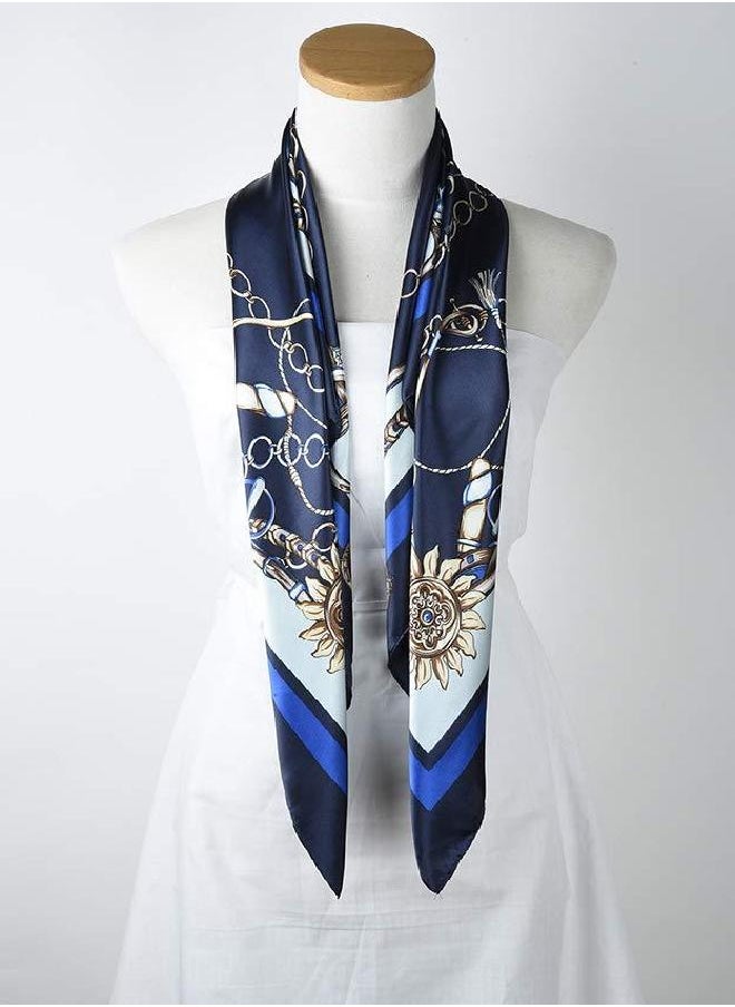 corciova 100% Polyester Silk Feeling 35 x 35 Kerchief Neck Scarf for Women Chains Navy