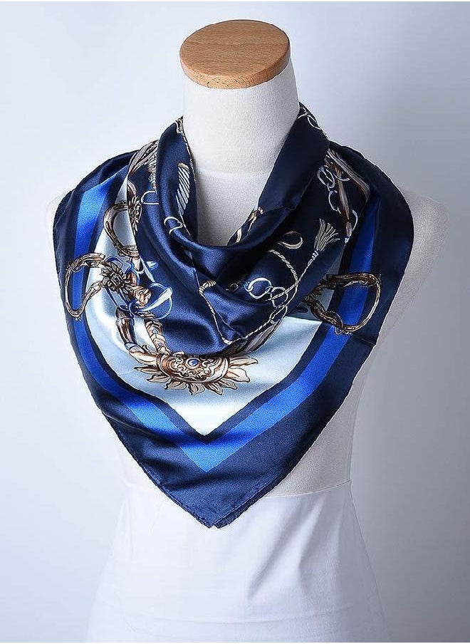 corciova 100% Polyester Silk Feeling 35 x 35 Kerchief Neck Scarf for Women Chains Navy