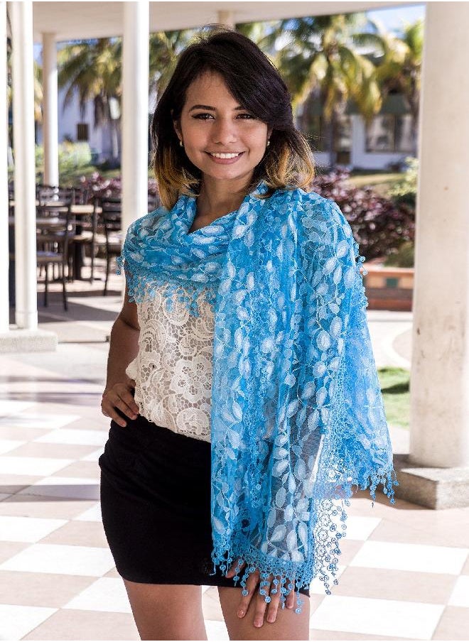 Cindy and Wendy Lightweight Soft Leaf Lace Fringes Scarf shawl for Women (Turquoise Blue)