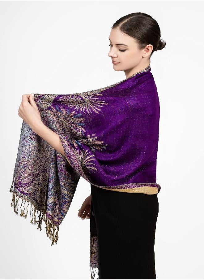 Achillea Luxurious Big Paisley Jacquard Layered Woven Pashmina Shawl Wrap Scarf Stole (Purple)