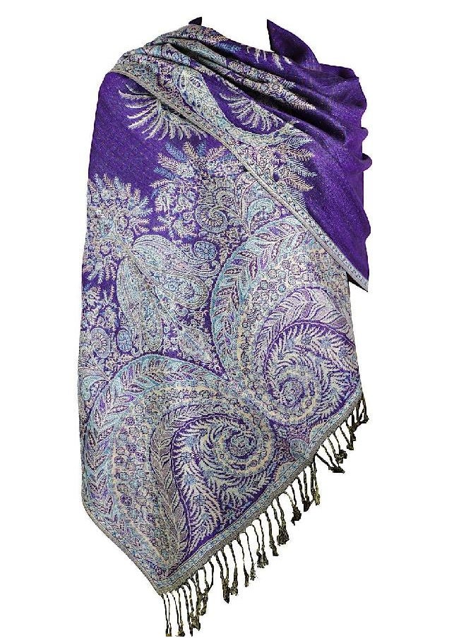 Achillea Luxurious Big Paisley Jacquard Layered Woven Pashmina Shawl Wrap Scarf Stole (Purple)