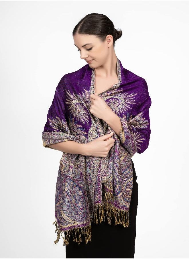 Achillea Luxurious Big Paisley Jacquard Layered Woven Pashmina Shawl Wrap Scarf Stole (Purple)