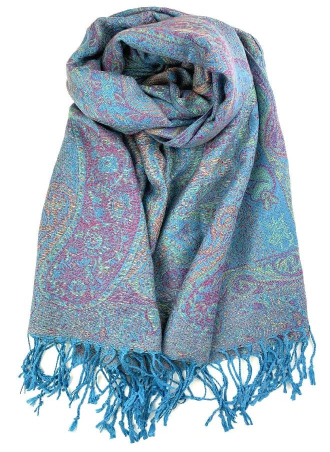 Plum Feathers Tapestry Ethnic Paisley Pattern Pashmina Shawl Scarf (Turquoise Tapestry)