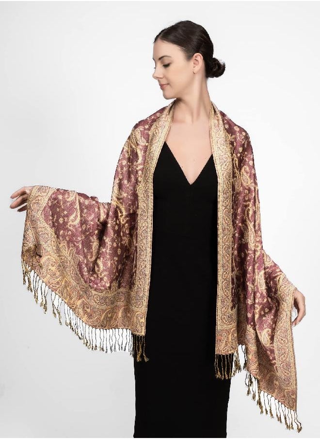 Achillea Soft Silky Reversible Paisley Pashmina Shawl Wrap Scarf w/Fringes (Violet)