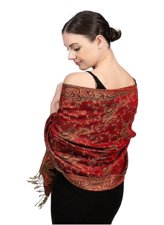 Achillea Soft Silky Reversible Paisley Pashmina Shawl Wrap Scarf w/Fringes (Red)